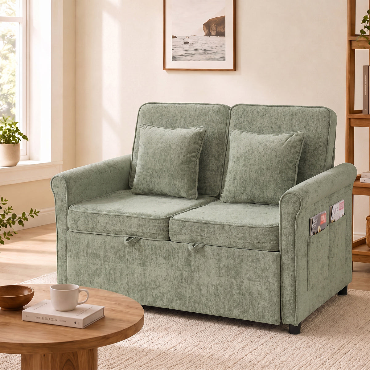 2 Seater Sofa Bed | 3-in-1 Convertible Chenille Sleeper Sofa with Pull-Out Bed, 5-Position Backrest & Side Pockets | 190 x 130 cm | Light Green or Grey