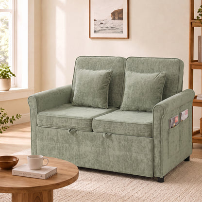 2 Seater Sofa Bed | 3-in-1 Convertible Chenille Sleeper Sofa with Pull-Out Bed, 5-Position Backrest & Side Pockets | 190 x 130 cm | Light Green or Grey
