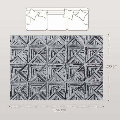Modern Chenille Area Rug | Faux Leather Patchwork Print | Machine Washable | Non-Slip | Foldable | 290x200cm | Black | Living Room Bedroom Dining Room Home Office