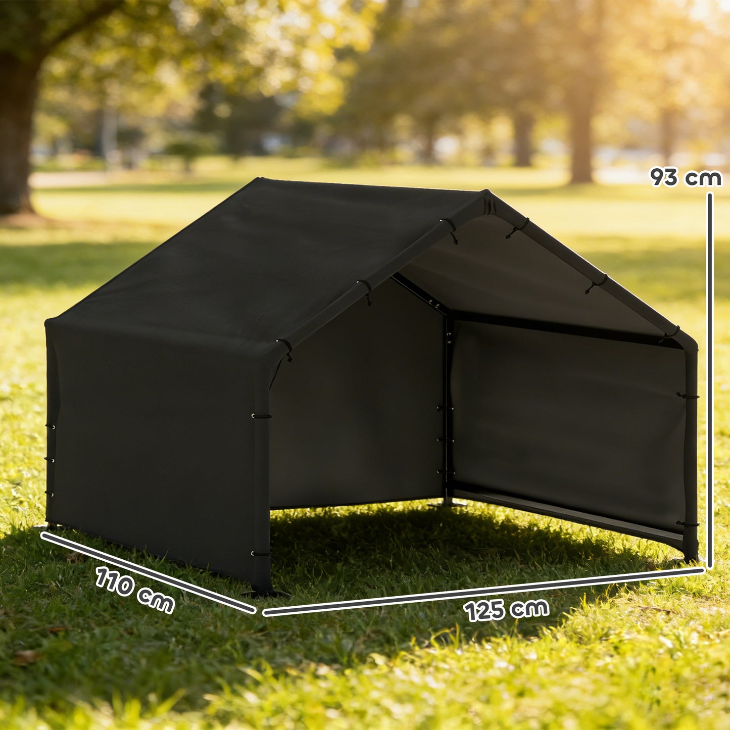 Outdoor Dog Shade Shelter | 420D Oxford Canopy | UV & Rain Resistant | Powder-Coated Steel Frame | Slanted Roof | Large Dogs up to 30kg | 125 x 110 x 93cm | Black