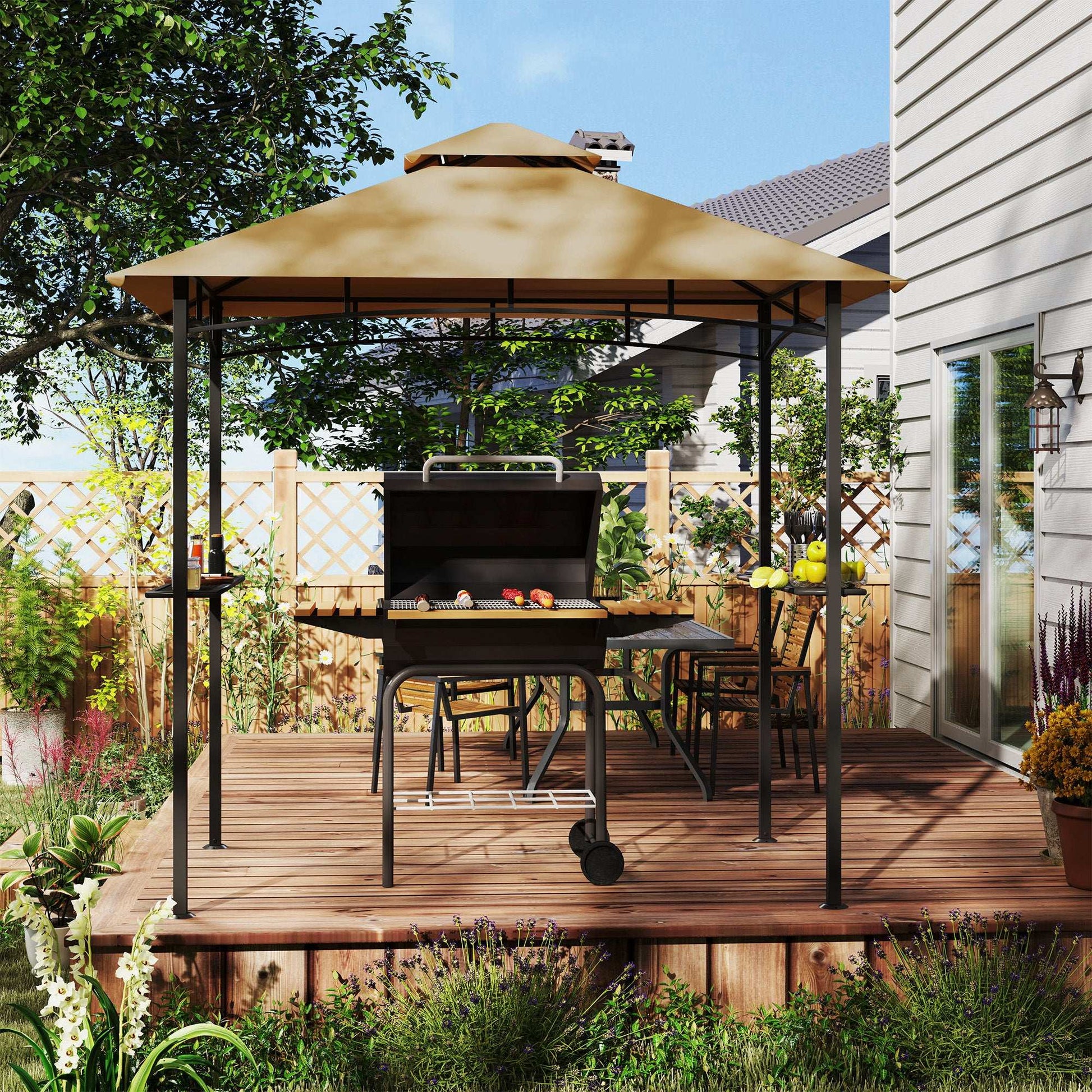 2.5M (8ft) New Double-Tier BBQ Gazebo Shelter Grill Canopy Barbecue Tent Shelter Patio Deck Cover - Khaki