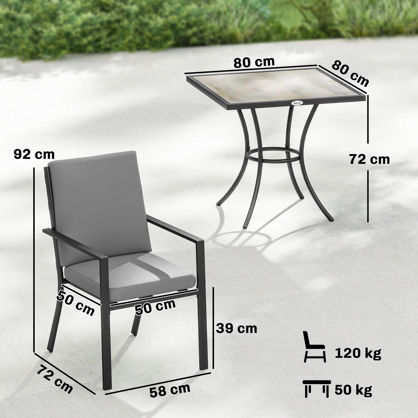 5-Piece Garden Dining Set | 80cm Square Table | 4 Stackable Armchairs | 8cm Seat & 15cm Back Cushions | Washable Covers | Powder-Coated Steel | 120kg Per Chair | Grey Wood Effect