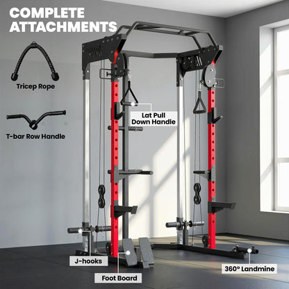 SPORTNOW Power Cage Smith Machine, Power Rack with Adjustable Cable Pulley System, Pull-Up Bar, Dip Station, Landmine