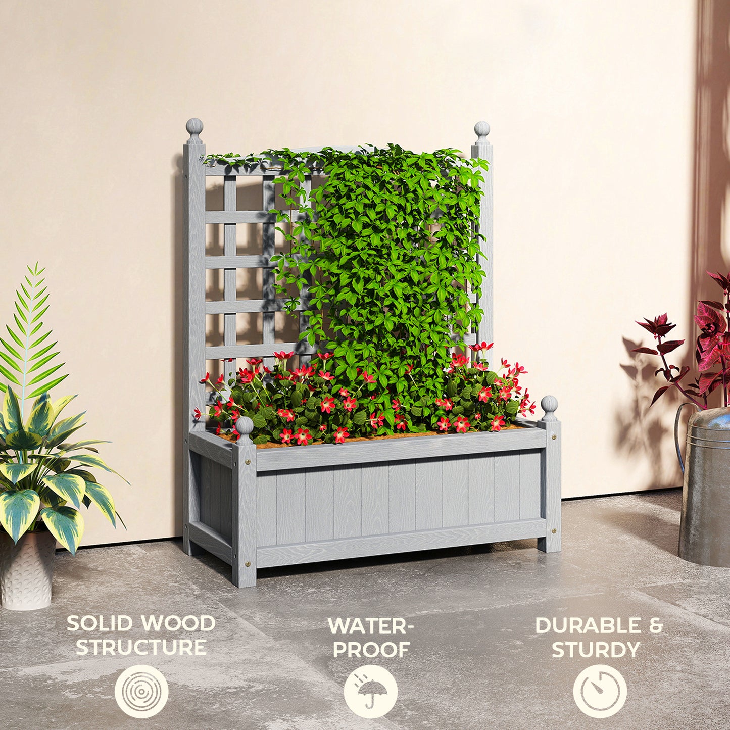 Fir Wood Planter with Back Trellis | 2-in-1 Design | 50kg Capacity | 2 Drainage Holes | Indoor & Outdoor Use | 64x28x75cm | Grey