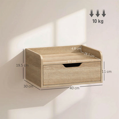 Set of 2 Floating Wall-Mounted Bedside Tables | Drawer | Flat Top | 10kg | 40x30x19.5cm | Natural Wood Finish