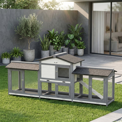 2-Tier Large Rabbit Hutch | Outdoor | Double Side Run Boxes | No-Leak Tray | Ramp | 230cm | Light Grey