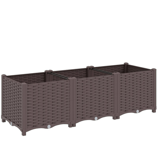Modular Self-Watering Raised Planter Boxes | Built-In Reservoir | Drainage Holes & Plugs | Rattan-Style PP | Fade Resistant | 20kg Capacity | 120x40x37cm | Brown