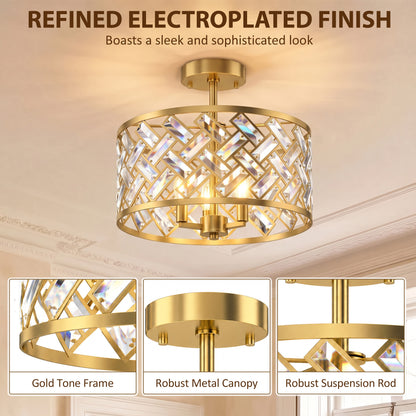 3-Light Crystal Drum Ceiling Light | 76 Crystal Prisms | 3x E14 Sockets | Electroplated Gold-Tone Frame | 39Dx34H cm | Max 40W per Bulb | LED Compatible | Ceiling >2.3m | Bulbs Not Included | Gold Tone