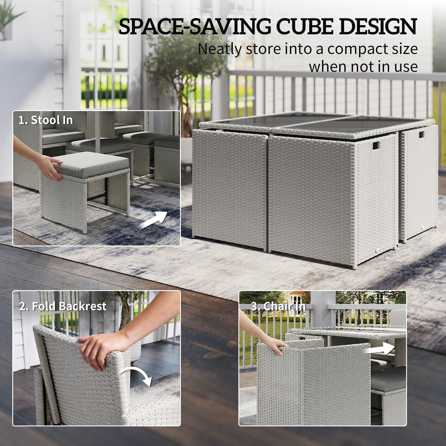 9 Piece Rattan Cube Garden Dining Set | 4 Armchairs | 4 Footstools | Tempered Glass Table 109x109x72cm | Thick Cushions | Washable Covers | PE Rattan & Metal Frame | Light Grey