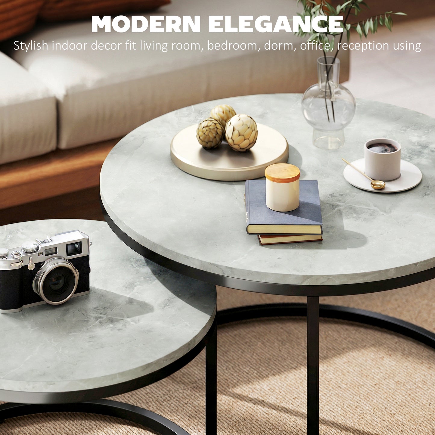 Set of 2 Stacking Coffee Tables | Round Marble Effect MDF Tops | Steel Frames | Stackable | Large 78.5cm & Small 59cm | 50kg | Marble Grey