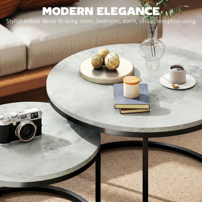 Set of 2 Stacking Coffee Tables | Round Marble Effect MDF Tops | Steel Frames | Stackable | Large 78.5cm & Small 59cm | 50kg | Marble Grey