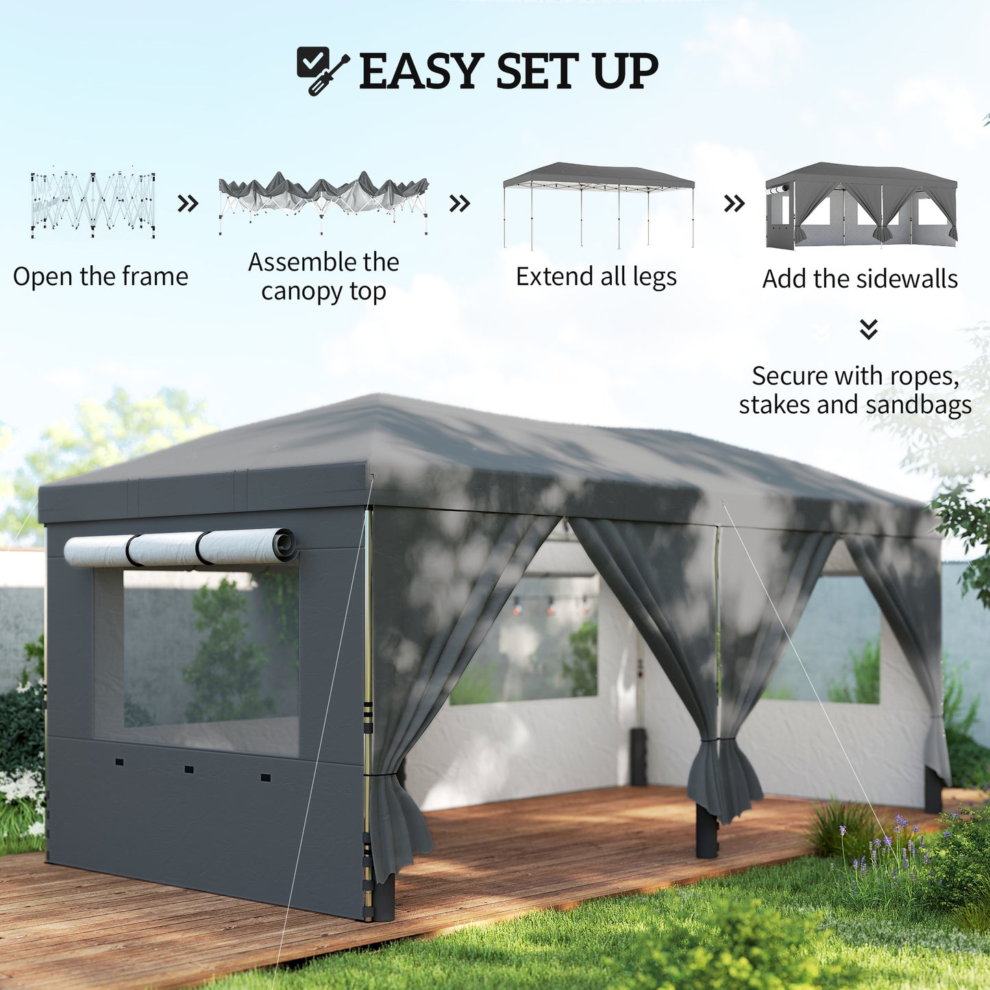 3x6m Pop Up Gazebo | 17.5m² UPF50+ Shaded Area | 210D Silver-Coated Oxford Fabric | 6 Detachable Sidewalls | 12 Drainage Holes | 3 Height Settings | Windproof Level 4-6 | Full Stability Kit | Wheeled Bag | Dark Grey