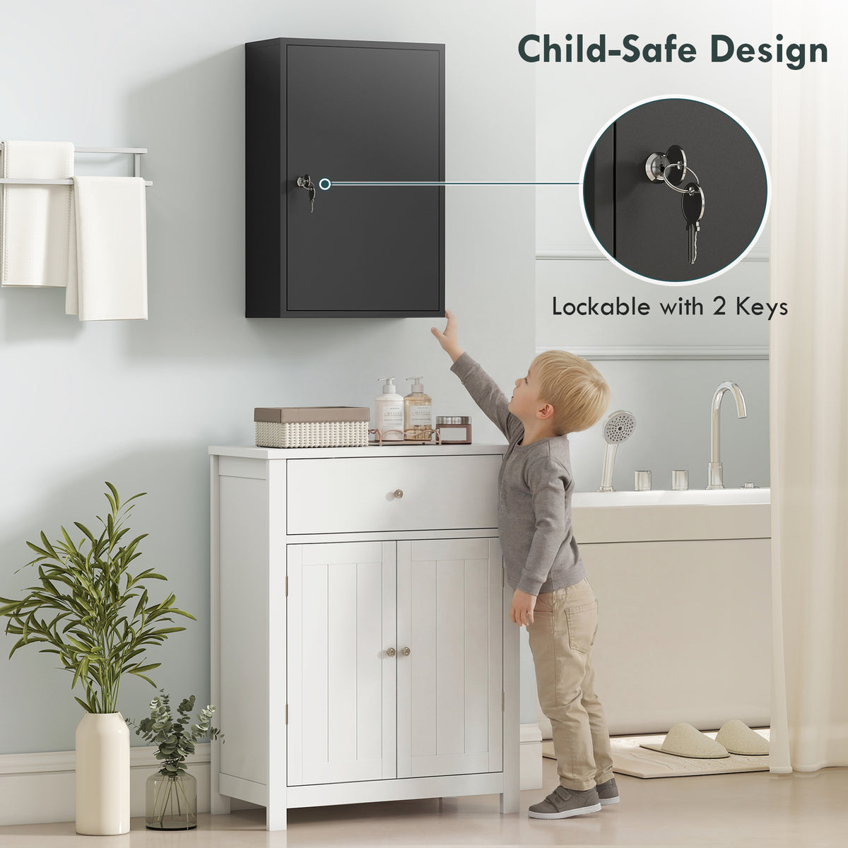 Kleankin 3-Tier Wall-Mounted Lockable Medicine Cabinet | Black Steel | 40x18x60cm | 2 Keys | Rust-Resistant | Pre-Drilled | Bathroom Kitchen | First Aid Storage