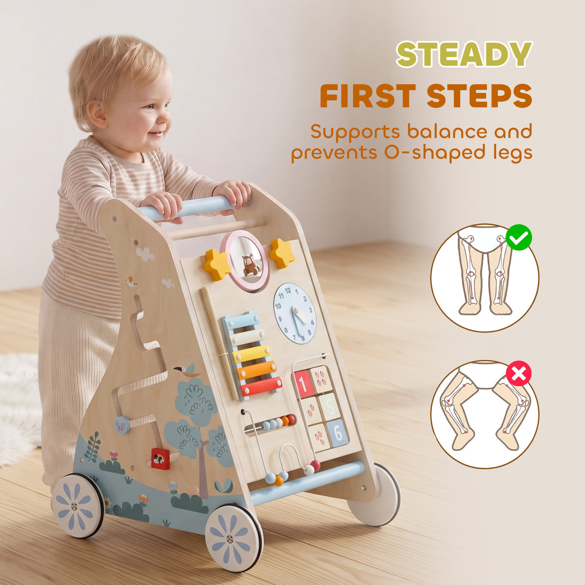 Wooden Baby Walker | Detachable Double-Sided Activity Board, Push-Along Learning Toy with Storage | 1-3 Years | Natural Finish