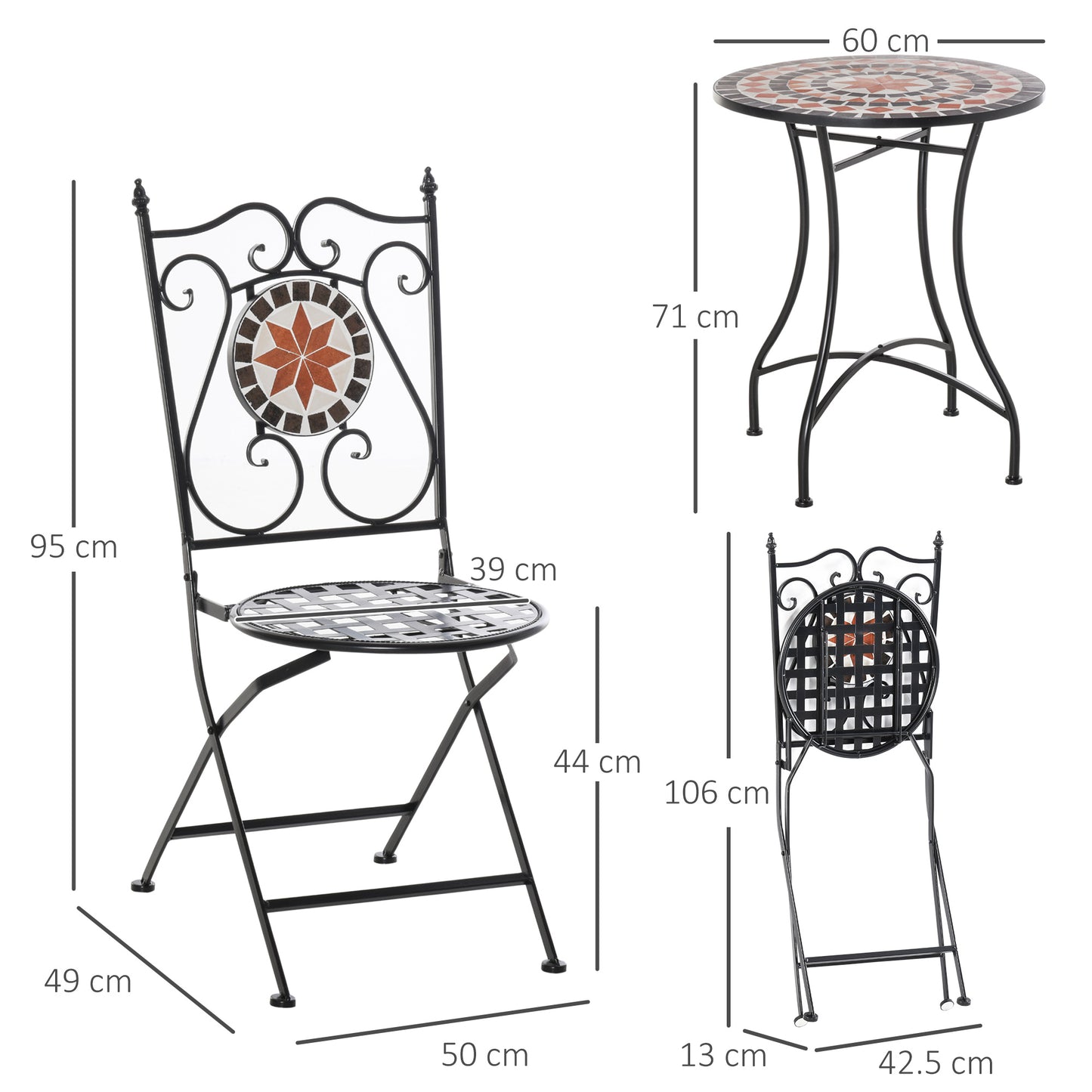 3 Piece Garden Bistro Set | Ceramic Tile Round Table Dia 60cm | 2 Folding Chairs | Mosaic Pattern | Metal Frame | 100kg | Indoor & Outdoor | Black