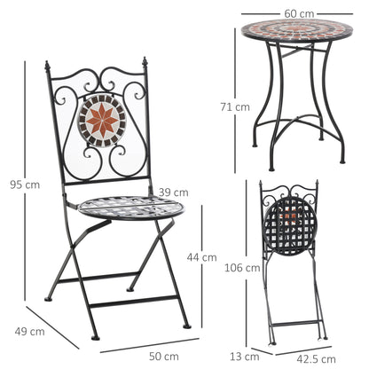 3 Piece Garden Bistro Set | Ceramic Tile Round Table Dia 60cm | 2 Folding Chairs | Mosaic Pattern | Metal Frame | 100kg | Indoor & Outdoor | Black