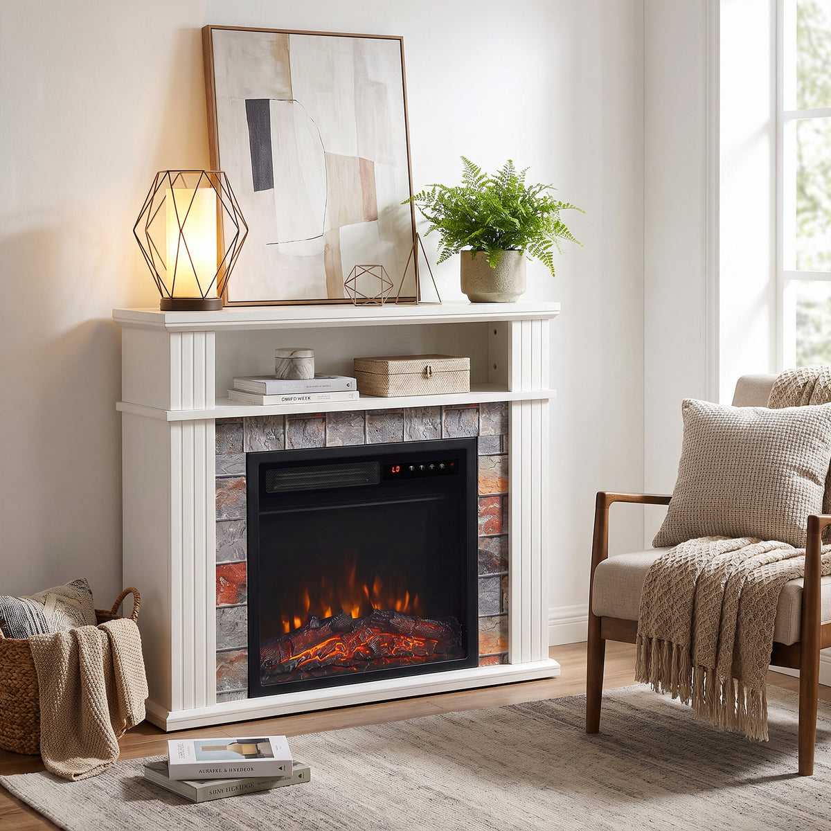 Electric Fireplace Suite | 1800W White Fire & Surround | Open Storage Shelf | Adjustable LED Flames | Remote & 8-Hour Timer