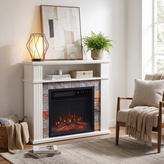 Electric Fireplace Suite | 1800W White Fire & Surround | Open Storage Shelf | Adjustable LED Flames | Remote & 8-Hour Timer