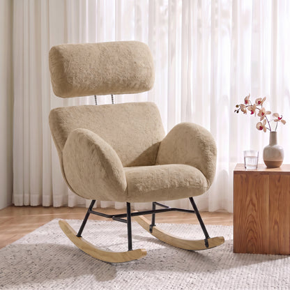Upholstered Rocking Chair with 8cm Adjustable Headrest | 105° Rocking Motion | Raindrop Velvet High-Density Foam | Steel Plywood Frame Rubberwood Legs | 120kg Capacity | BS5852 | Light Brown | 71x90x100cm | Assembly Required