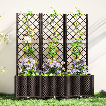 Large PP Raised Garden Bed with Trellis | 8 Drainage Holes & Drain Plugs | 75kg Capacity | 120x40x140cm | Indoor & Outdoor | Climbing Plants Veg & Flowers | Brown