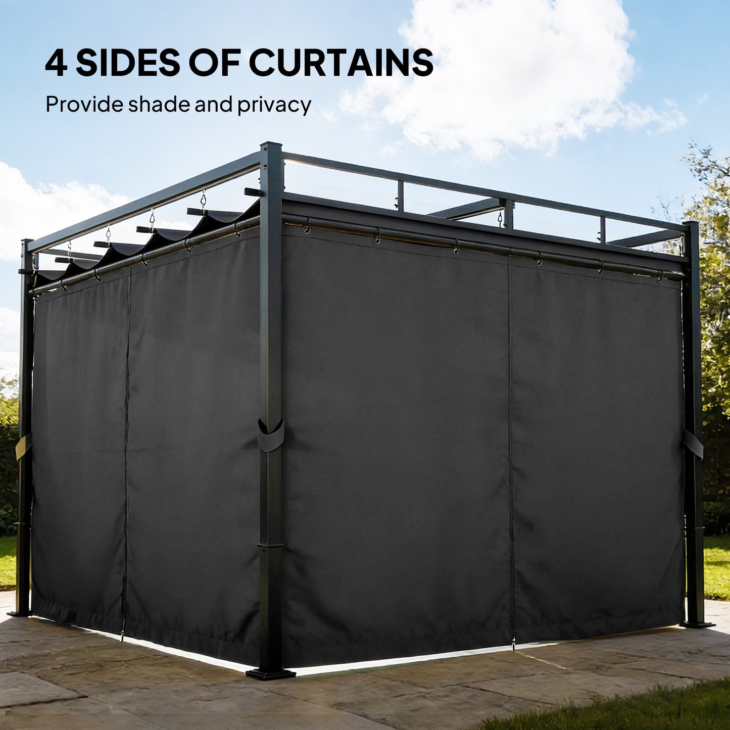 3 x 3 m Pergola with Retractable Roof Canopy and Curtains, UPF30+ Metal Frame Garden Pergola Gazebo Sun Shade, Dark Grey