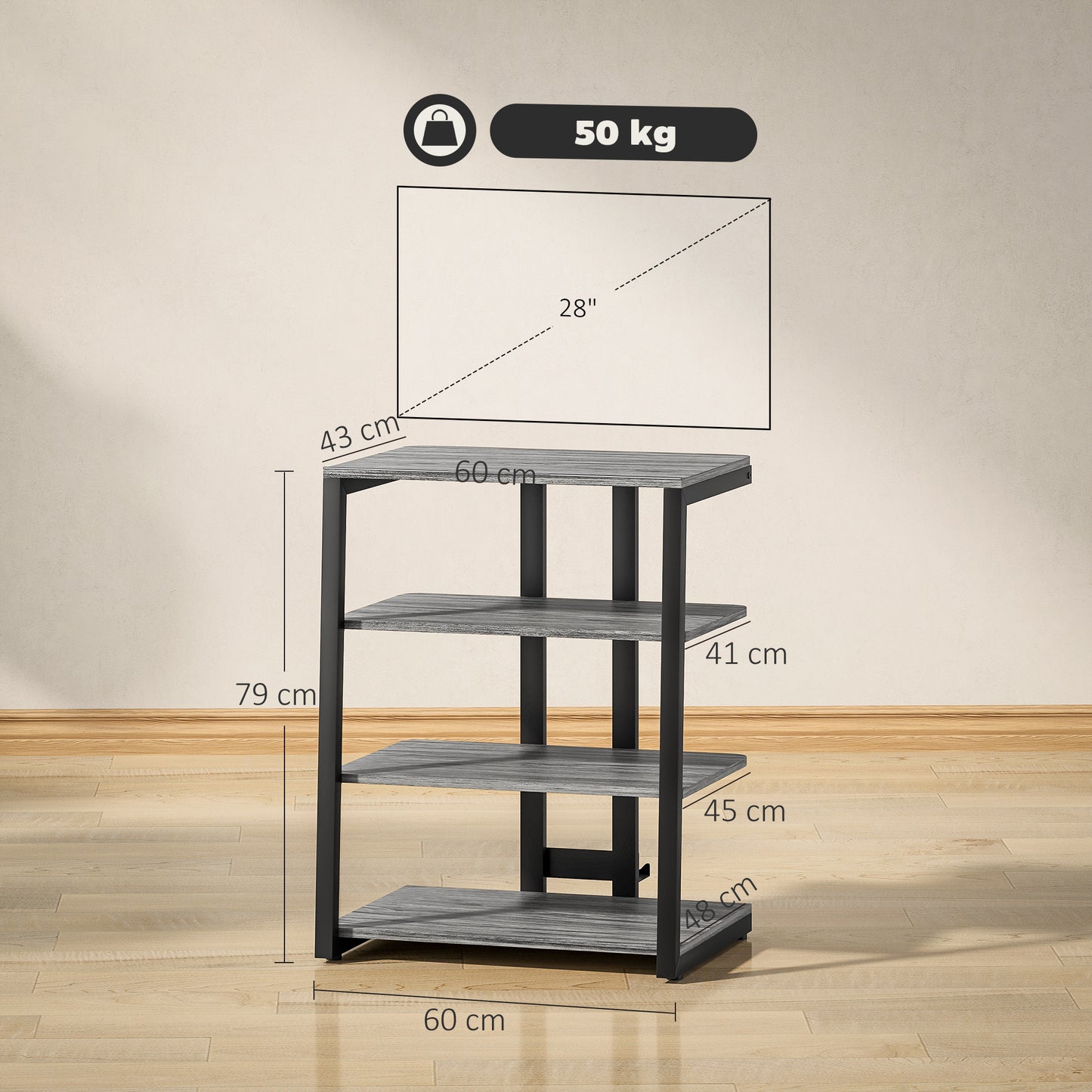 HiFi Seperates Stand, with Four Storage Shelves - Dark Grey