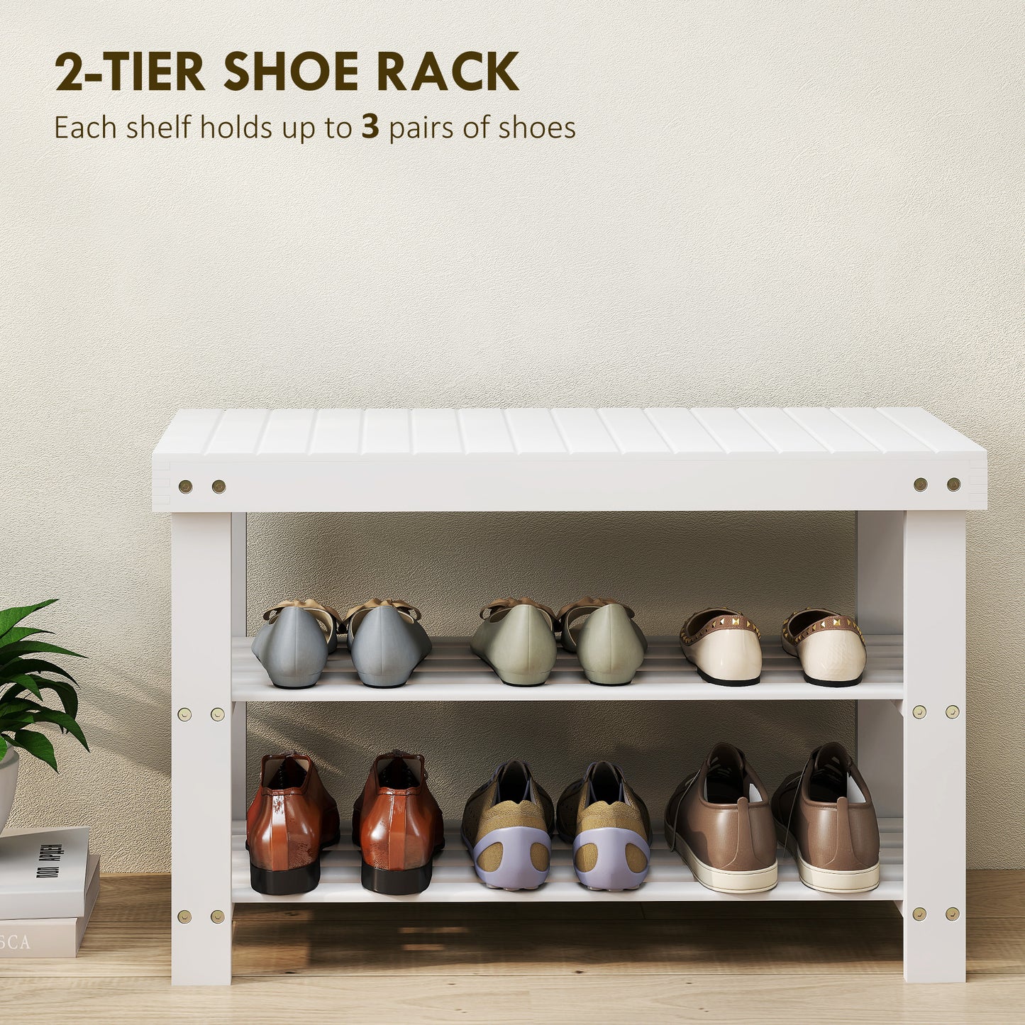 Two Shelf Bamboo Shoe Storage Bench - White