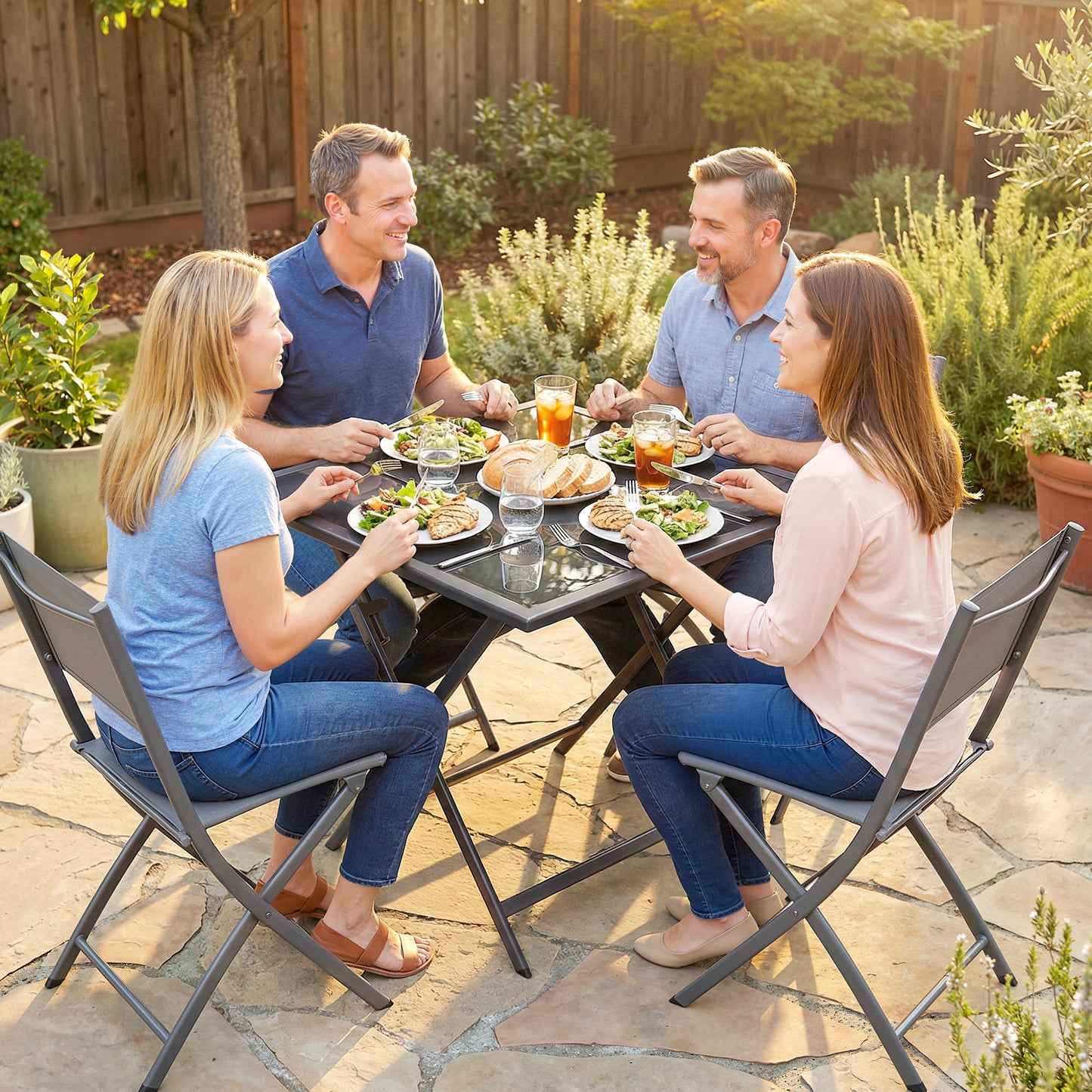 Folding Square Garden Dining Table | Tempered Glass Top | Parasol Hole | 70x70x70cm | Black