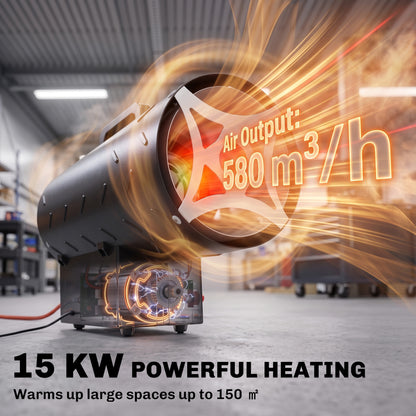 15 kW Gas Space Heater | 51,000 BTU Portable Forced-Air Fan | Workshop, Garage & Patio Heating | 150 m² | Black