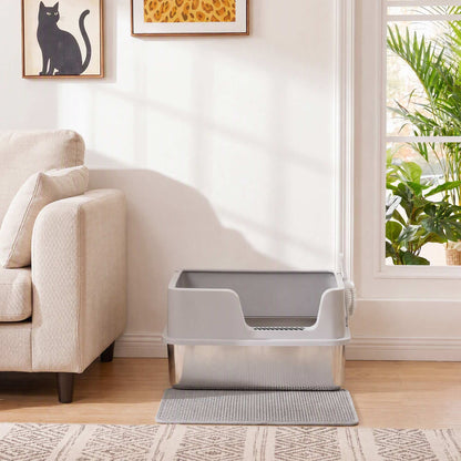 XL Cat Litter Tray | 201 Stainless Steel Pan | Semi-Enclosed PP Lid | High Sides & Sealed Seams | 30L | Cats up to 8kg | 60x40cm Litter Mat | Scoop Brush & Hook | 60x40x30cm | Inner 56x36x15cm | Light Grey