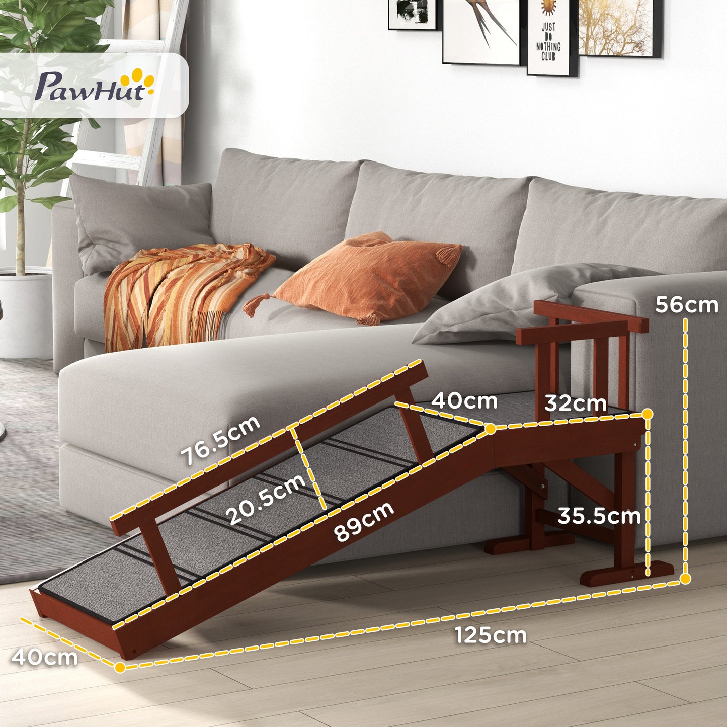 Wooden Dog & Cat Ramp | 3 Removable Guardrails | Non-Slip Carpet | 20° Gentle Slope | 125cm | 30kg | Brown