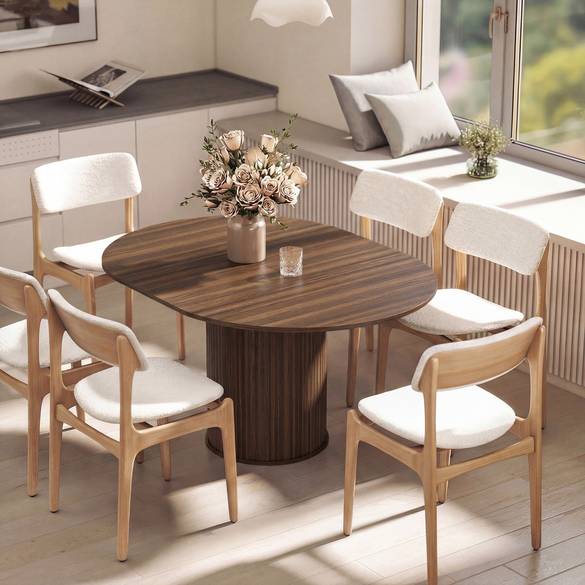 Extendable Dining Table | 110–150cm Round to Oval | Dark Walnut-Effect Finish & Fluted Pedestal Base | Hidden Extension Leaf Storage | Seats up to 6–8