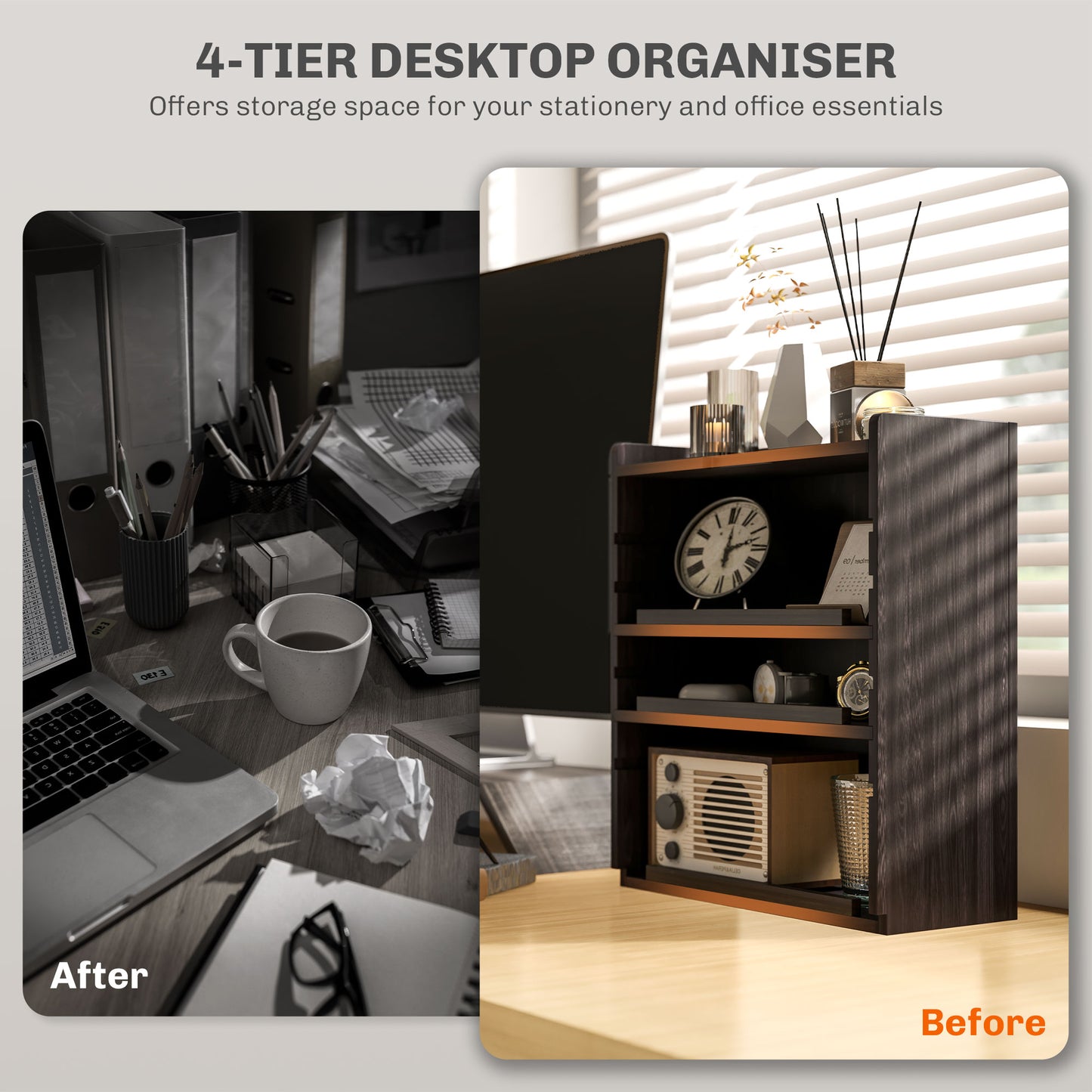 Four-Tier Desktop Organiser Storage Rack Cabinet - Dark Brown