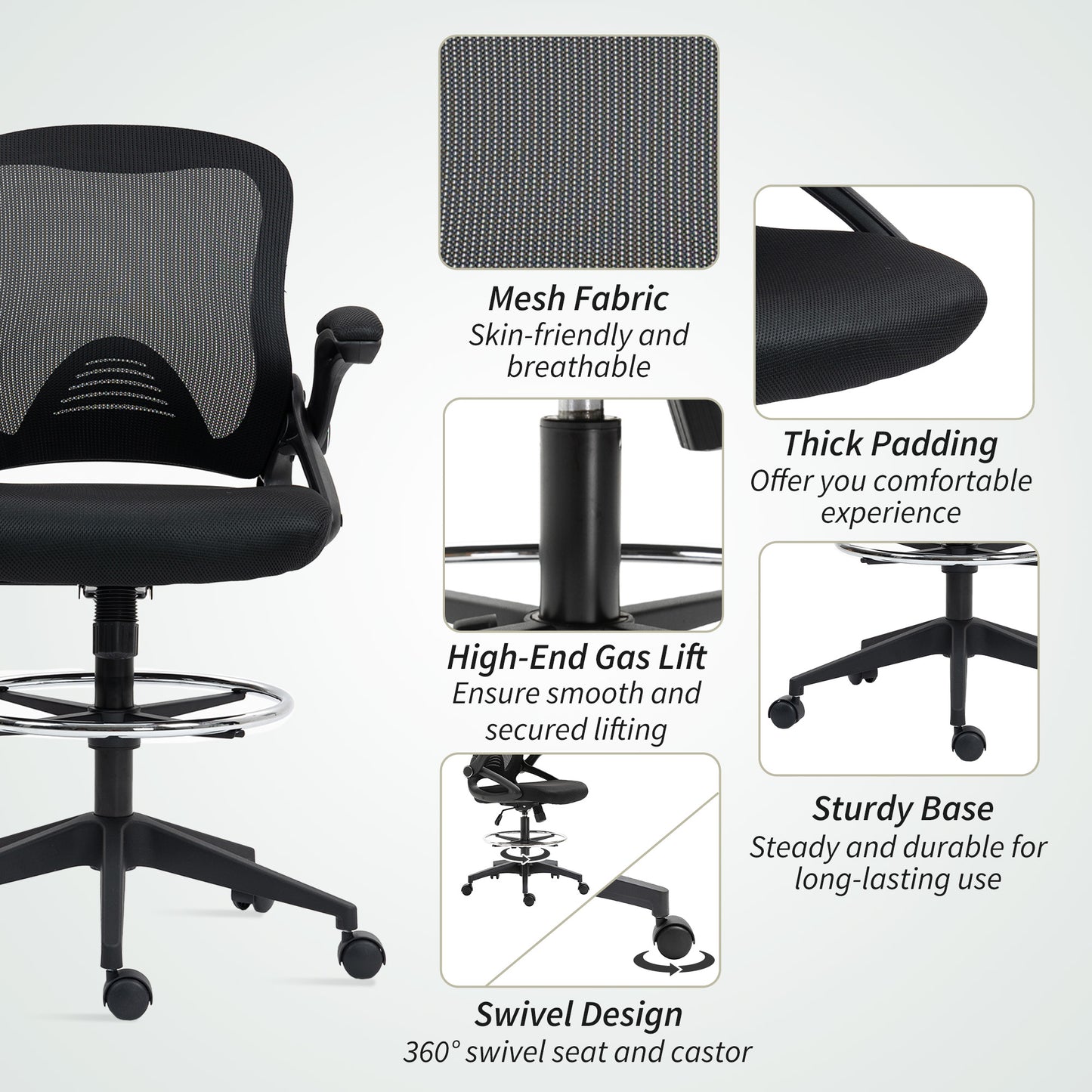 Drafting Chair for Standing Desk | Mesh Back | Foam Seat | Flip-Up Armrests | Foot Ring | 360° Swivel | Height Adjustable 106-126cm | 120kg | Black