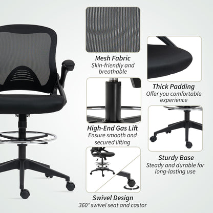Drafting Chair for Standing Desk | Mesh Back | Foam Seat | Flip-Up Armrests | Foot Ring | 360° Swivel | Height Adjustable 106-126cm | 120kg | Black
