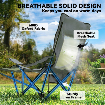 Reclining Camping Chair | Set of 2 | 4-Position Backrest | Detachable Footrest | Cup Holder | Breathable Mesh | 120kg | Grey