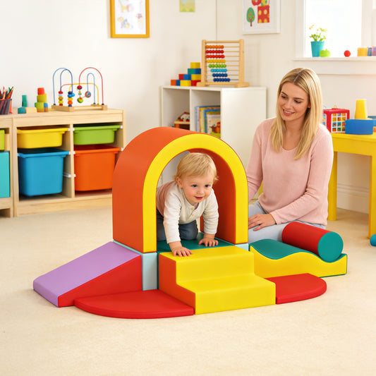 10-Piece Kids Soft Play Set | PU Leather & EPE Foam | Climbing Blocks | Anti-Slip Hook-and-Loop Pads | 90kg Capacity | EN71 Certified | Ages 12-36 Months | 152x82x70cm | Multicolour