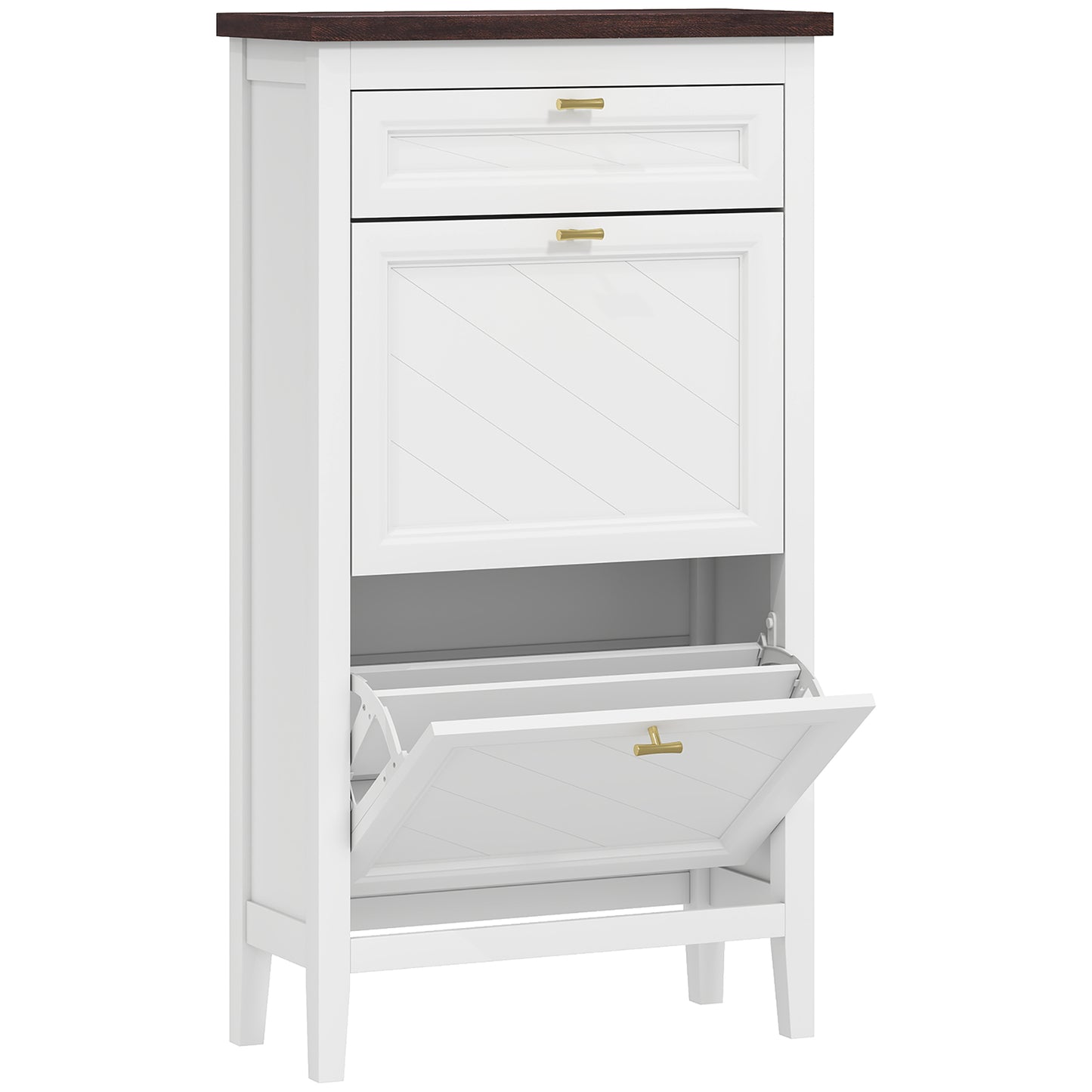 Farmhouse Narrow Shoe Cabinet | 2 Flip Drawers + Top Drawer | Gold Handles | White | 108.5cm