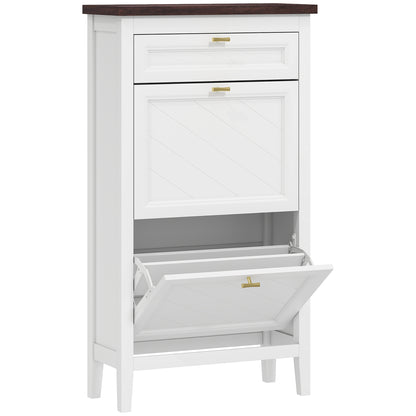 Farmhouse Narrow Shoe Cabinet | 2 Flip Drawers + Top Drawer | Gold Handles | White | 108.5cm