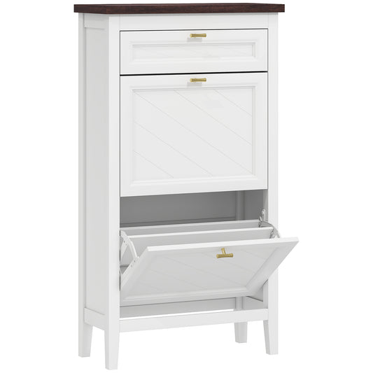 Farmhouse Narrow Shoe Cabinet | 2 Flip Drawers + Top Drawer | Gold Handles | White | 108.5cm