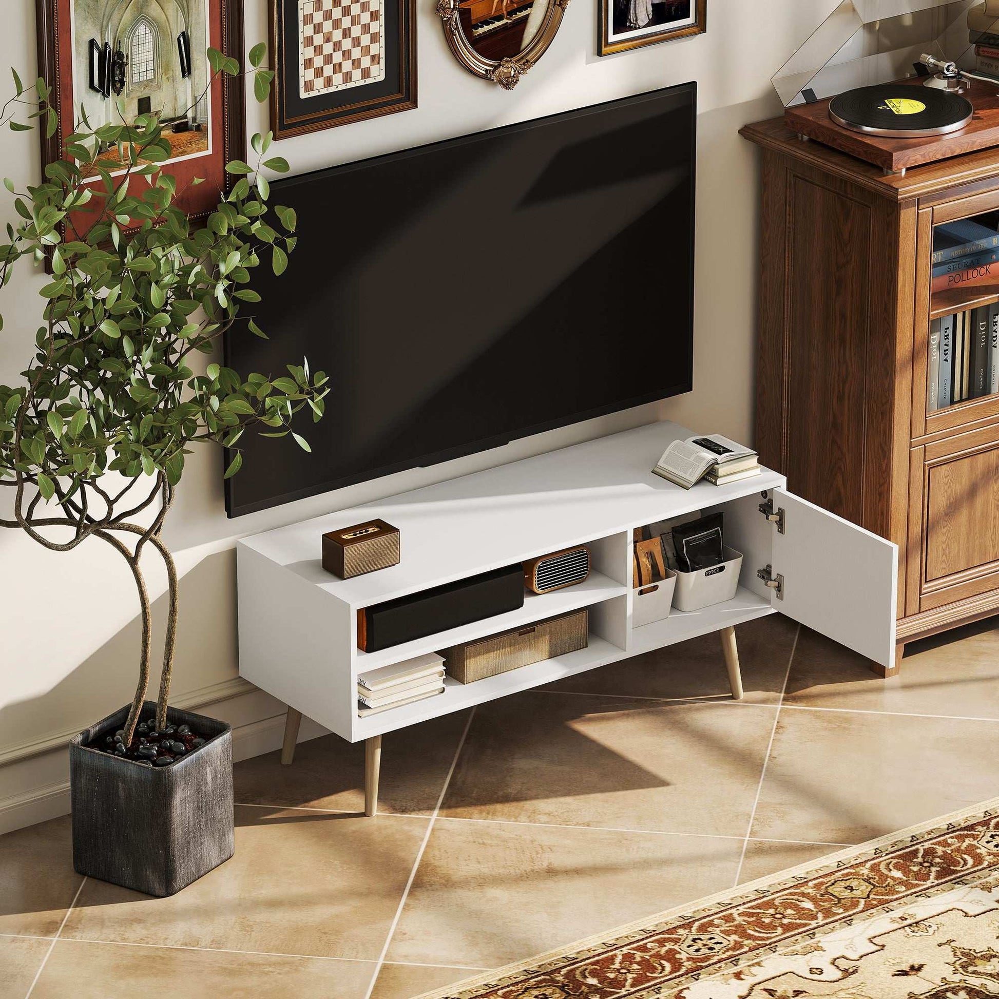 TV Stand up to 55 Inches, TV Unit with Open Shelves and Cable Holes - White / Brown