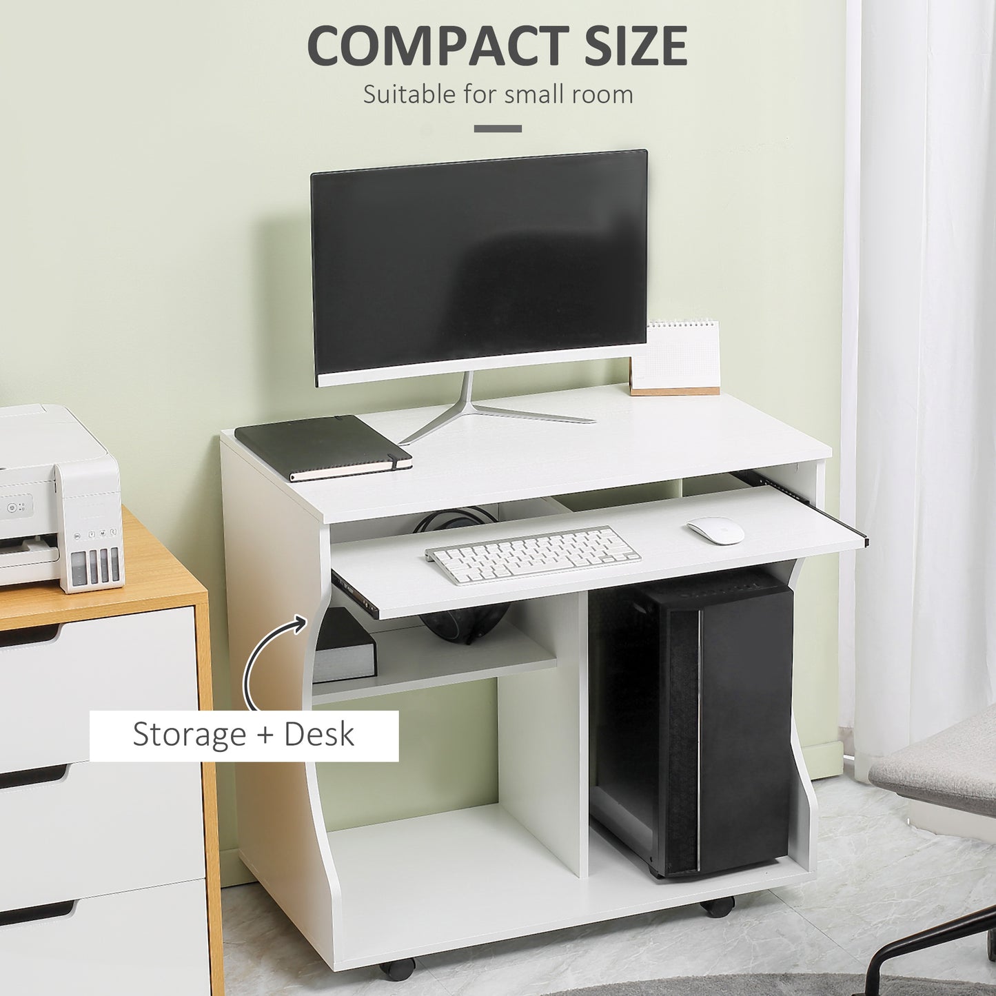 Multi-Storage Compact Work Desk, with Wheels - White