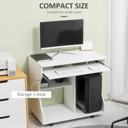 Multi-Storage Compact Work Desk, with Wheels - White