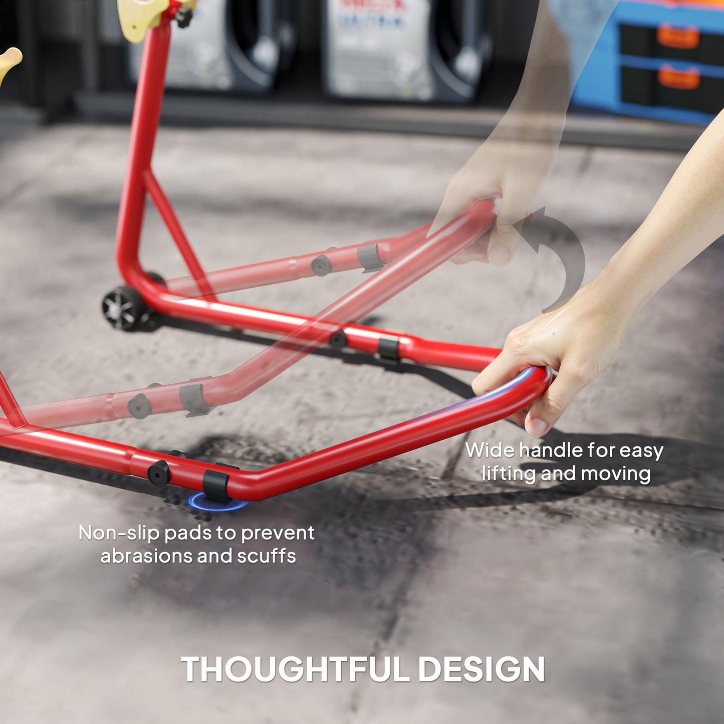 Motorcycle Rear Wheel Stand, 544 kg Capacity Heavy Duty Steel Motorbike Paddock Stand Lift with Adjustable U + L Forks, Wheels, Non-Slip Pads for Workshop Garage Repair, Red