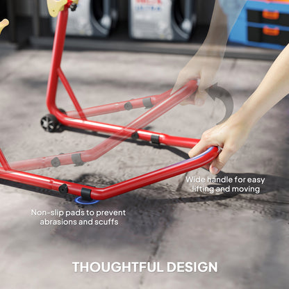Motorcycle Rear Wheel Stand, 544 kg Capacity Heavy Duty Steel Motorbike Paddock Stand Lift with Adjustable U + L Forks, Wheels, Non-Slip Pads for Workshop Garage Repair, Red