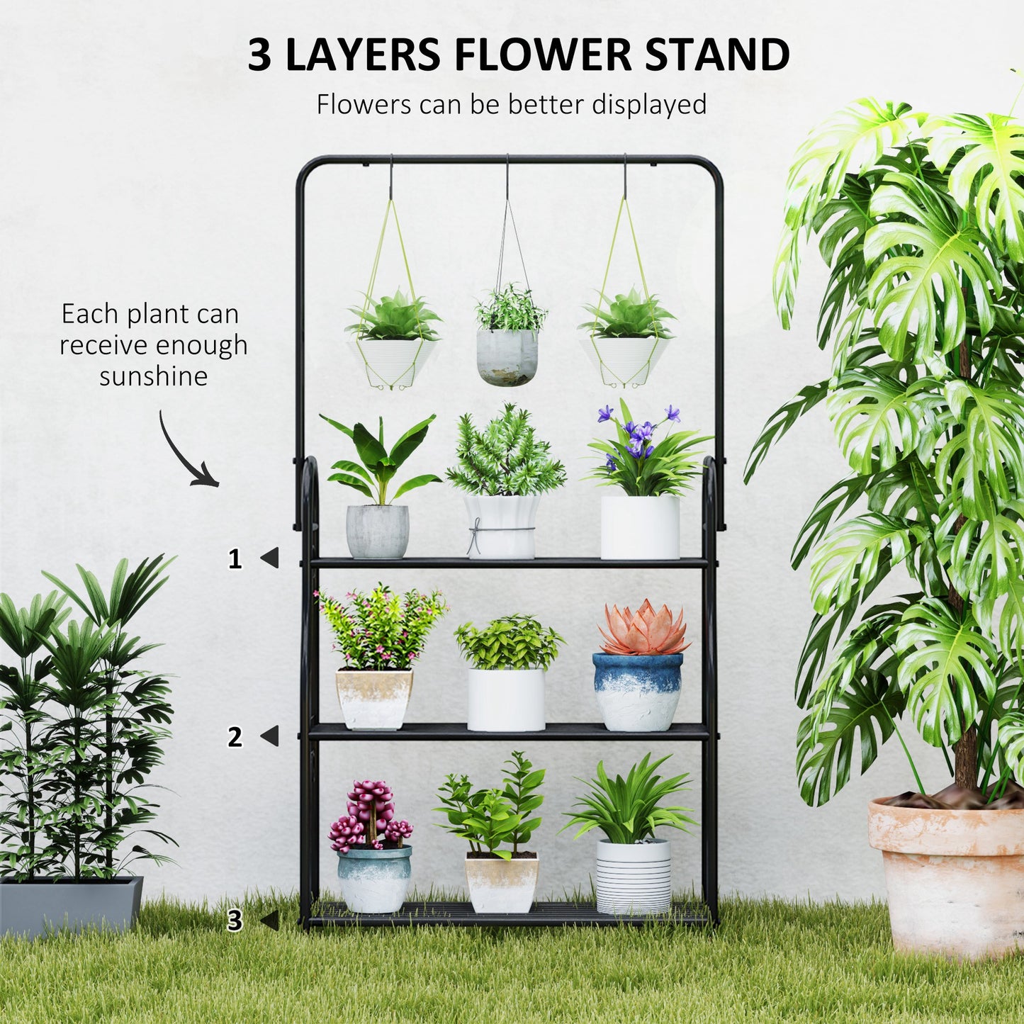 3 Tier Plant Stand with Hanging Rod and Hooks, Metal Plant Rack Shelf, Ladder Flower Pot for Indoor Outdoor, Black