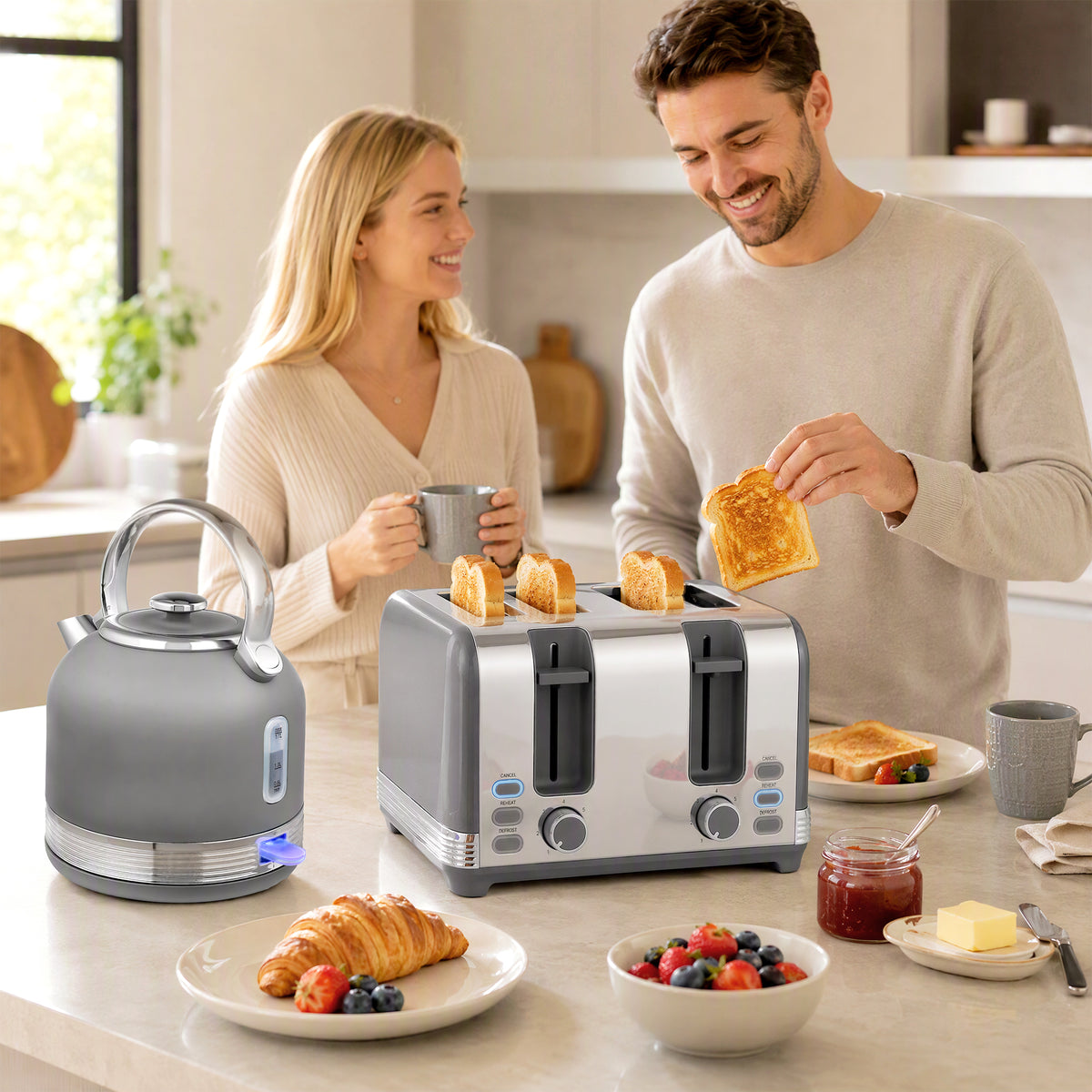 Kettle & Toaster Set | Grey Stainless Steel 1.7L 3000W Fast-Boil Kettle with 4-Slice Toaster