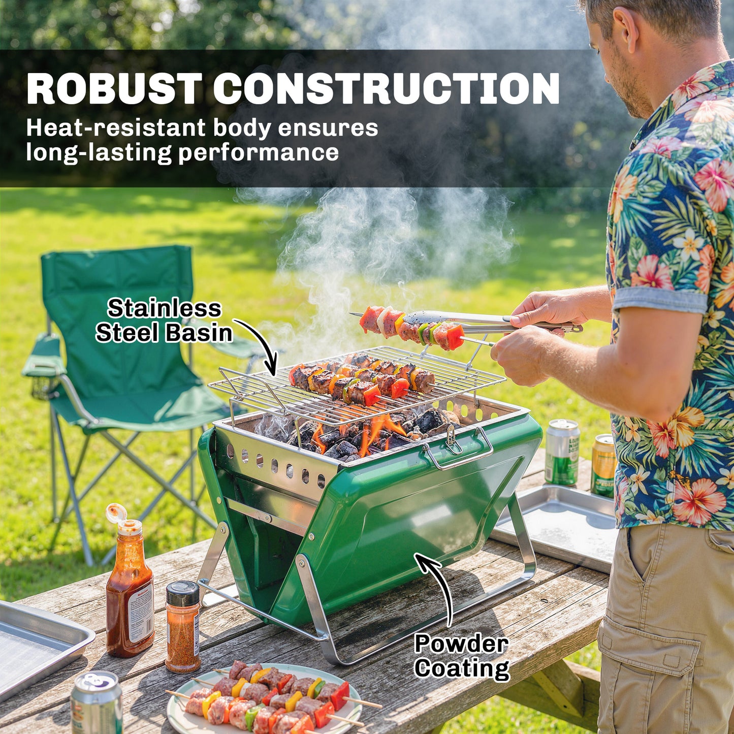 Outsunny Charcoal BBQ Grill Portable Stainless Steel Barbecue with Tilting Grate for Camping Picnic Garden