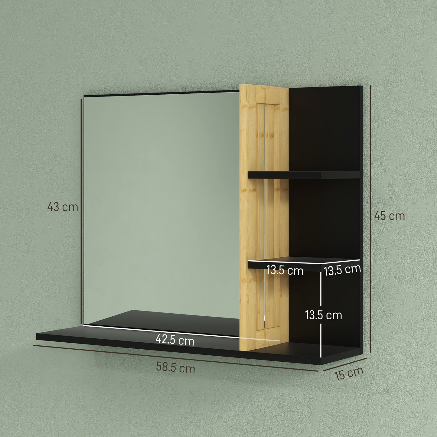 Bathroom Mirror with Shelf, Wall-mounted Makeup Mirror, Modern Vanity Mirror with 4 Storage Shelves for Make Up, Black