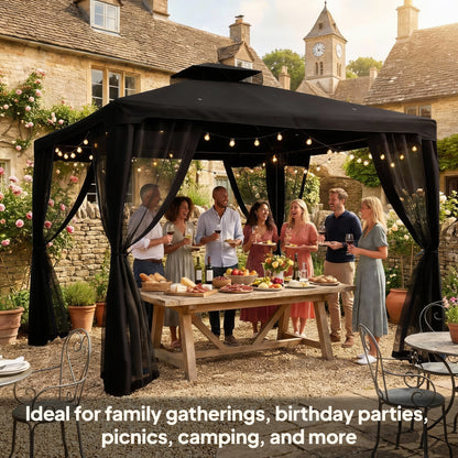 Outsunny 3 x 3 m Metal Gazebo, Garden Pavillion, Double Roof Outdoor Canopy Shelter with Mesh Sidewalls, Black